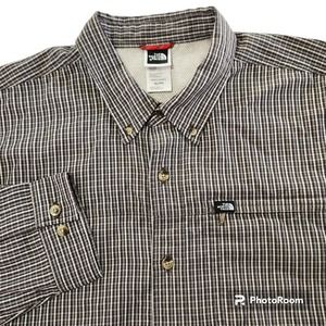 The North Face XL Mens Long Sleeve Button Shirt Brown Check Zip Pocket‎ Outdoor